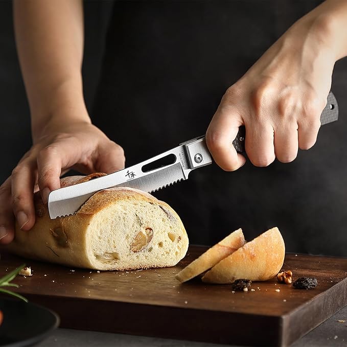 SENBON 440 stainless steel folding bread knife with carbon fiber handle camping barbecue outdoor back clip bread knife