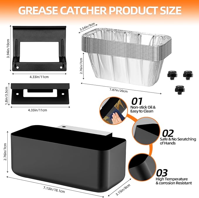 Blackstone Grease Catcher& Drip Tray Set - Universal Grease Catcher Compatible with Blackstone 17/22/28/36" Griddles - Includes 12 Pack Grease Cup Liners & Long/Narrow Hooks - Two Mounting Options