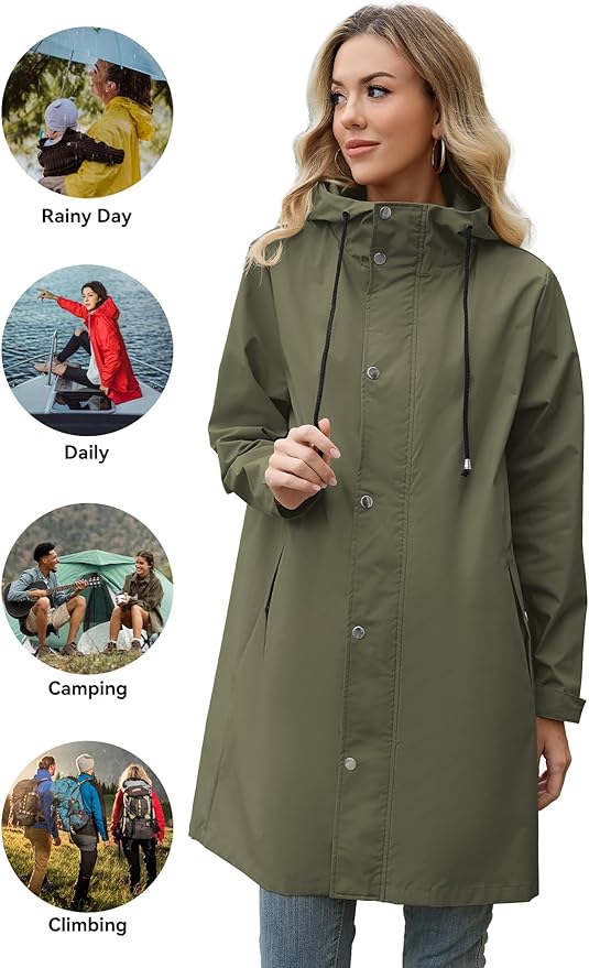 Zando Long Packable Rain Jacket Women Waterproof - Raincoat for Women Rain Coat with Hood Lightweight Outdoor Windbreaker