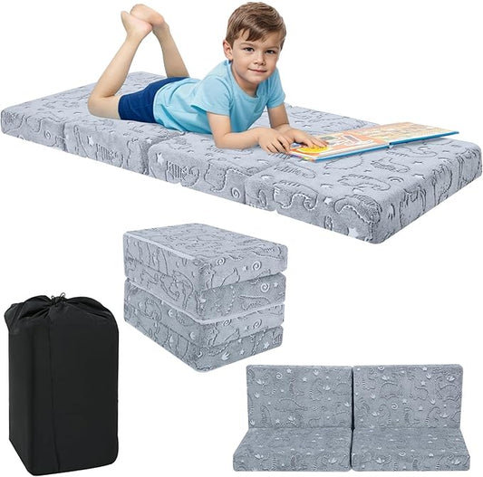 MeMoreCool Foldable Floor Mattress for Kids, Glow Toddler Nap Mat for Sleeping and Daycare, Portable Trifold Futon Mattress Floor Bed, Dinosaur