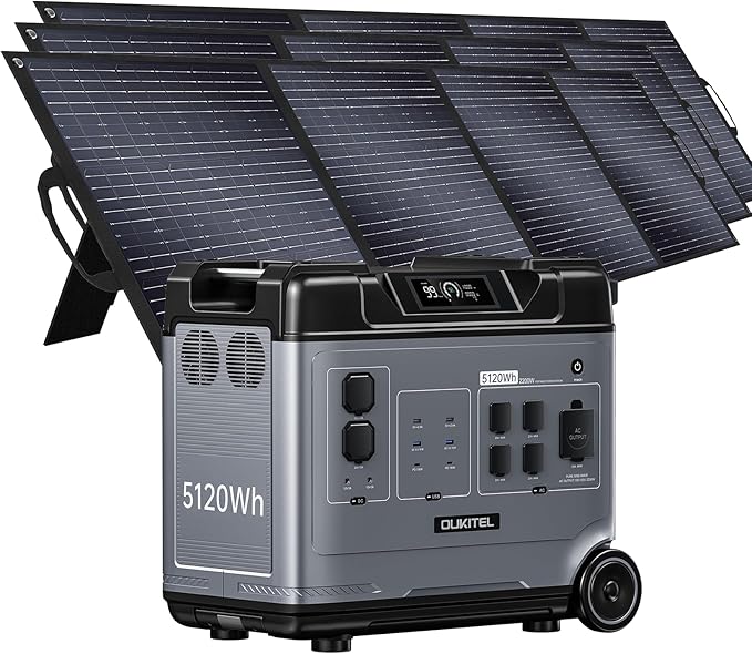 OUKITEL P5000 Pro 5120Wh Portable power station with 3x200W Solar Panel, LiFePO4 Solar Generator, 3600W AC Output & 1800W Fast Charge for Home Backup, Outdoor Camping, RV Travel with APP Control