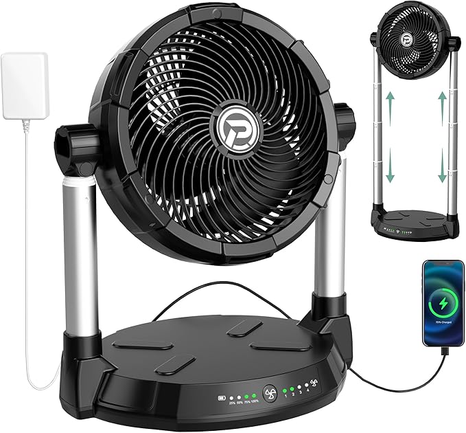 KITWLEMEN 40000mAh Battery Operated Fan - 12" Rechargeable Floor Fan, 4 Speeds, 65Hrs Cooling, 34.6" Height Adjustable, 12V Output Cordless Fan, Portable for Camping, Travel, Hurricane, Power Outage