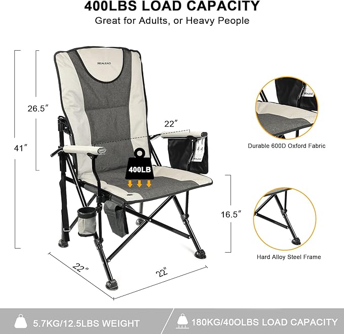 REALEAD Heated Camping Chair - Fully Padded Heated Chairs Outdoor Sports - Heavy Duty Heating Camp Chairs for Adults Supports 400 lbs - Perfect for Outside Sport Events, Concert, Battery NOT Included