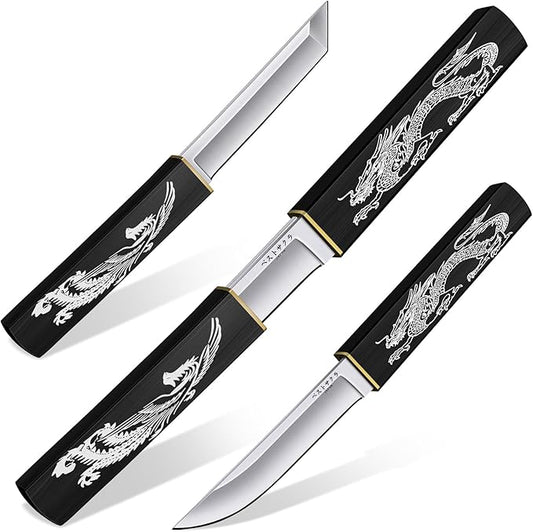 Purple Dragon Tanto Fixed Blade Knife, Katana Survival Bushcraft Knife, Full Tang Samurai Knives 2 in 1, Ideal for Camping, Fishing, Hiking, Hunting Double Knives for Men, Gift for Father (Black)