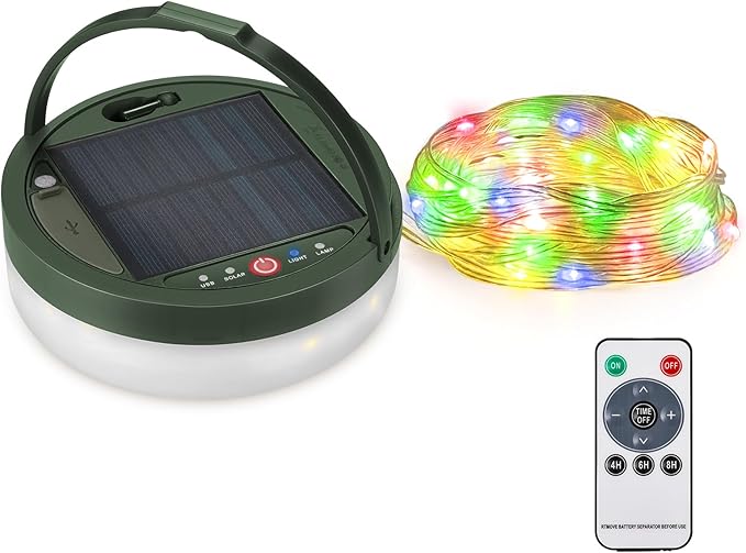 Anpro 4 in 1 Solar Camping String Lights, 32.8Ft Ultra Long Multi-Color LED String, 3600mAh Solar Powered and USB Rechargeable Light with Remote Control, Portable Camping Light for Hiking, Decoration