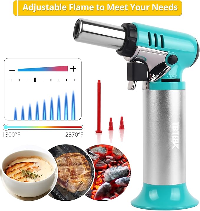 TBTEEK Butane Torch with Fuel Gauge T907, One-hand Operation Kitchen Torch Lighter with Adjustable Flame for BBQ, Baking, Brulee Creme, Crafts and Soldering(Butane Gas Not Included), Aqua