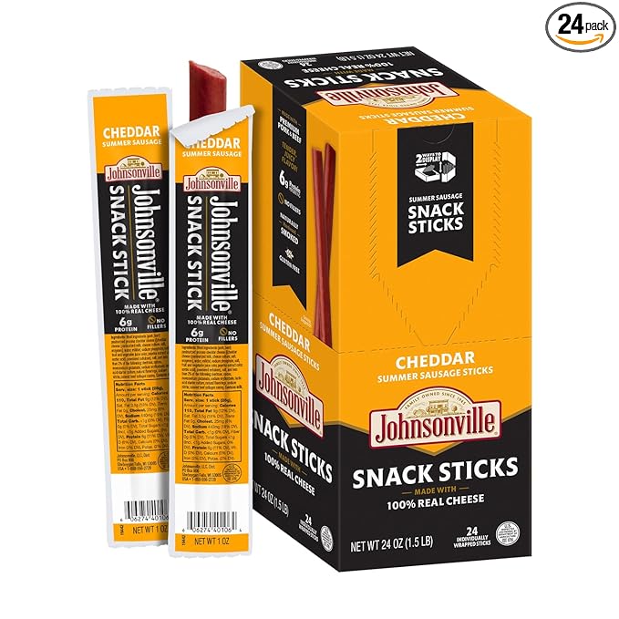 Johnsonville Summer Sausage Snack Sticks - Gluten Free Protein Snacks, Jerky Snack Packs - Cheddar, 1 oz., 24-Pack