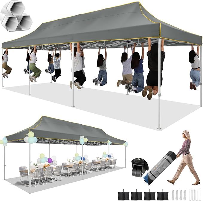 HOTEEL 10x30 Pop up Canopy Tent for Parties, Heavy Duty Easy Setup Tent Without Sidewalls, Outdoor Commercial Instant Gazebo for Wedding Event, with Portable Bag, Grey(Hexagonal Frame)