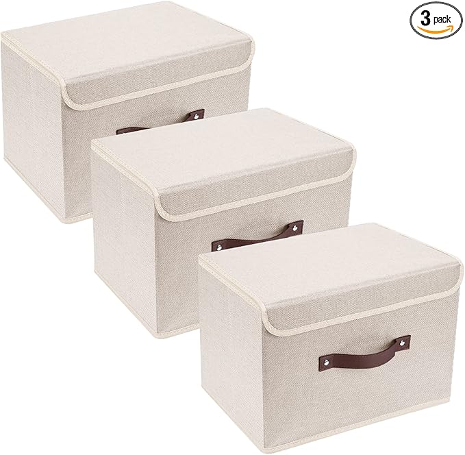 TYEERS Collapsible Storage Boxes, Washable Fabric Storage Bins with Lids, 14.9x9.8x9.8 inches, 3 Pack, Beige