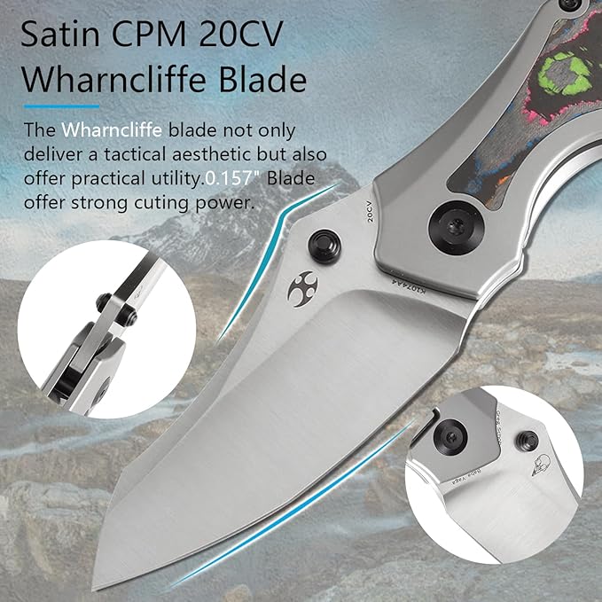 KANSEPT Baba Yaga Pocket Folding Knives for Men Women Camping Hiking Folding Knife 3.06'' Satin CPM 20CV Blade EDC Knife with Bead Blasted Titanium 80S Camo Carbon Inlay Handle Everyday Carry K1074A4