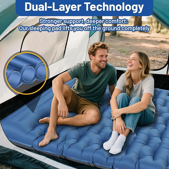 Double Sleeping Pad, 6" Extra Thick Portable Camping Sleeping Pad with Pillows & Built-in Foot Pump, Ultralight Camping Mat for Backpacking, Hiking, Traveling, Tent, Car Camp Gear