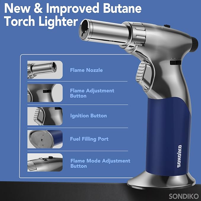 Sondiko Butane Dual Adjustable Flame Size Butane Torch Lighter, Mini Blow Torch, Refillable kitchen Torch with Continuous Flame Lock for Creme Brulee, Cooking (Butane Gas Is Not Included)