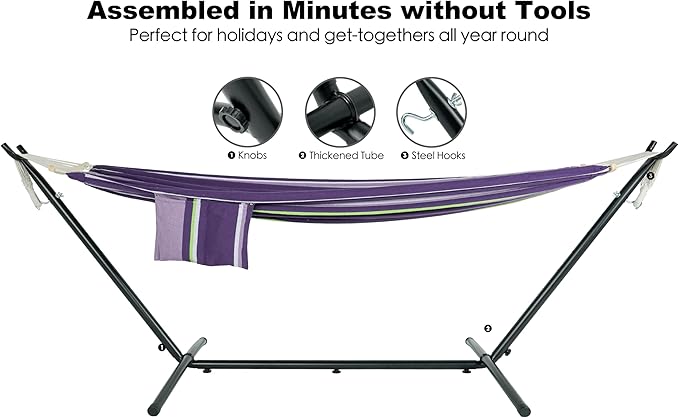 Double Hammock with Stand for Outside, Upgraded Spreader Bar, Heavy Duty Space Saving Steel Stand 2 Person, Side Pockets, Easy Assembly, 600lbs Weight Capacity (Tranquility Purple)