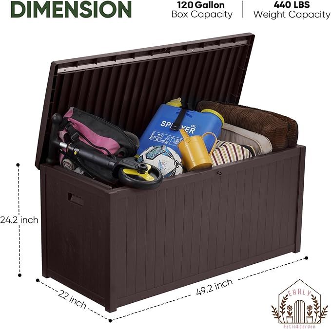 120 Gallon Outdoor Storage Box Large, Lockable Outside Containers Waterproof Patio Cushions Storage Deck Boxes, Plastic Garden Hose Boxes Resin Pool Storage Bins, Brown