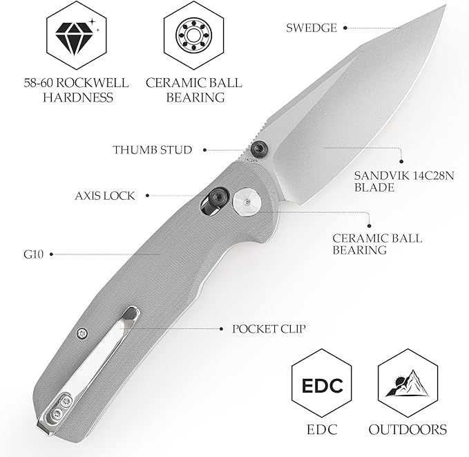 Axis Knives, EDC Folding Knife for Men, Pocket Knife with Clip,3.34” 14C28N Steel,Thumb Stud Blade,Grey G10 Handle.Outdoor Camping Tool,Hornet-03G