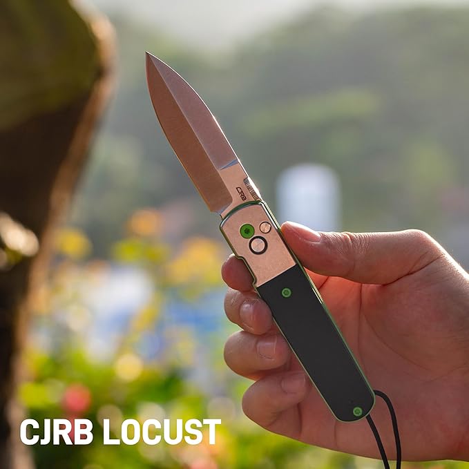 CJRB Locust EDC Knife, 3.15'' AR-RPM9 Steel Blade Folding Knife with Stone Washed Steel&G10 Inlay Handle, Button Lock with Safety Switch for Men Women Camping Hiking(1951-SBK)