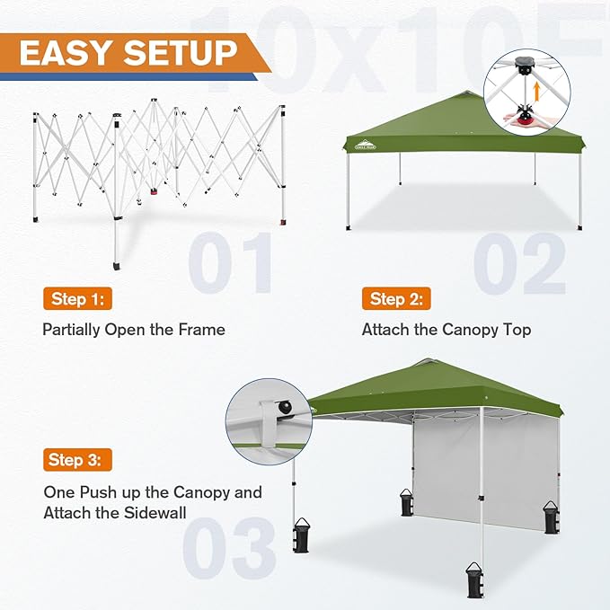 EAGLE PEAK Pop Up Canopy Tent with 1 Sidewall, Easy Setup Event Tent, Outdoor Sun Shade, Wheeled Carry Bag, Stakes and Guy Ropes, Instant Canopy 10x10, Grass Green