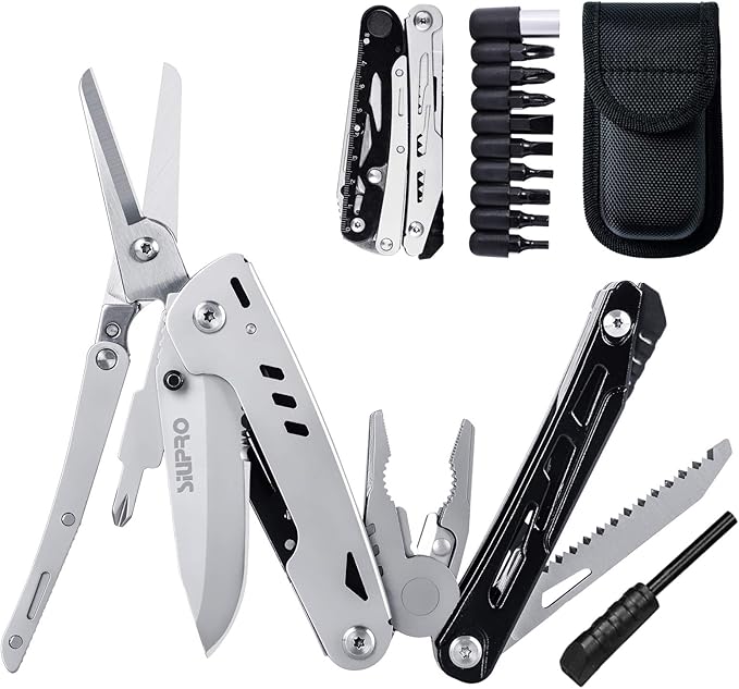 Multitool Pocket Knife for Men, Tactical Multi Tool Saw, Screwdriver kit, Flint with Nylon Pouch, Detachable Large Scissors for Camping, Hunting