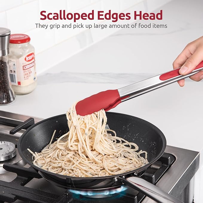 600ºF Heat Resistant Kitchen Tongs: U-Taste 12 inch Large Silicone Cooking Tong with Sturdy Non Stick Rubber Tips & Silicon Coated 18/8 Stainless Steel Handle & Smooth Locking for Serving Grill (Red)