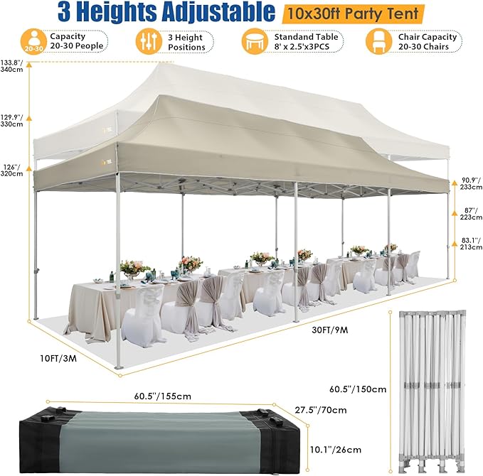 HOTEEL 10x30 Pop up Canopy Tent for Parties, Heavy Duty Easy Setup Tent with 8 Sidewalls, Outdoor Commercial Instant Gazebo for Wedding Event, with Portable Bag & Sand Bags, Khaki(Hexagonal Frame)