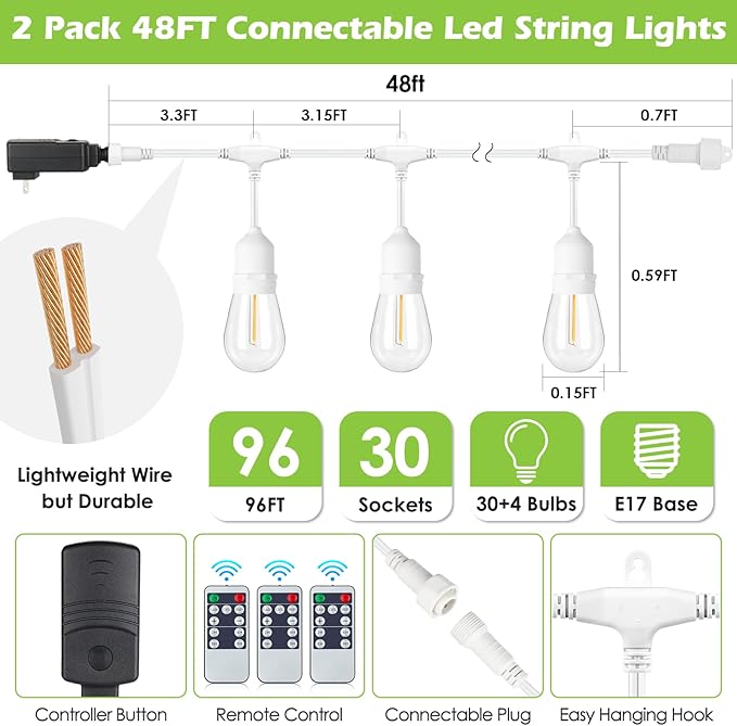 96FT(2 * 48FT) Outdoor String Lights with Remote, Dimmable Patio Lights with 30+4 3 Modes 4 Timers LED Bulbs for Deck Gazebo, White 2 Pack