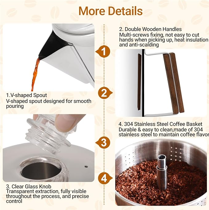 No Coating 6 Cup Percolator Coffee Pot 304 Stainless Steel Moka Pot Stovetop Espresso Maker Italian Greca Cuban Machine 1000ml 33.8oz Suitable for Gas Induction Stovetop Camping Kettle