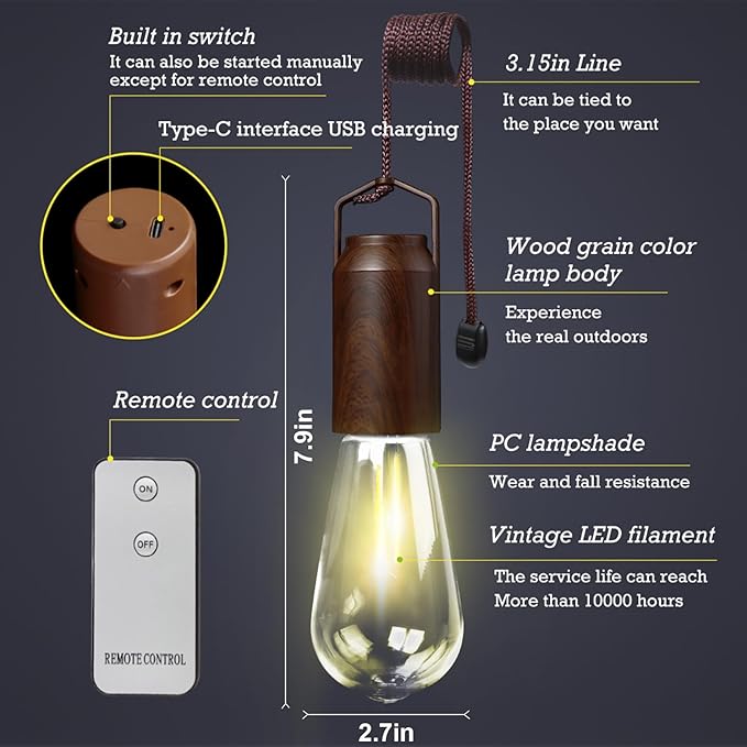 2 Pack Rechargeable Warm Tent Hanging Light Bulb,Portable Outdoor Vintage LED Camping Light,Pendant Hurricane Emergency Lighting Lantern for Hiking Backpacking Fishing Outage Power Failure