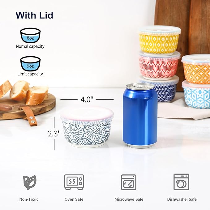 Selamica Ramekins with Lids, 8 oz Oven Safe Creme Brulee Ramekins with Covers, Souffle Dishes Pudding Custard Cups, Stackable Ceramic Small Ramekin Bowls Set for Baking, Dipping, Ice Cream, Set of 6, Assorted Colors