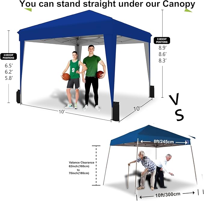 SANWAY 10x10 Pop Up Canopy Tent, One-Button Easy Setup, Outdoor Sun Shade for Events, Camping, Parties, Beach Tent - Blue (Blue, 10'x10')