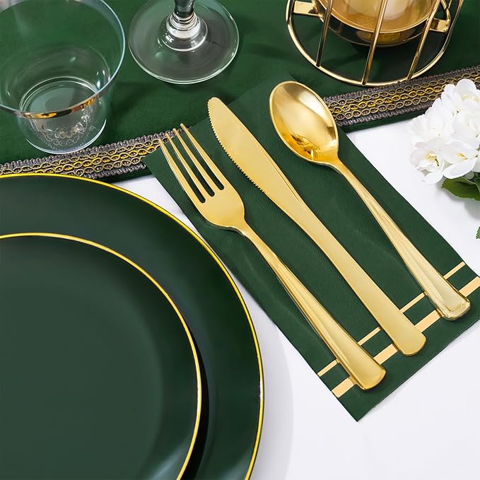 NOCCUR 350PCS Green Plastic Plates - Disposable Green Gold Dinnerware Set for 50 Guests, 100 Dinner/Dessert Plates, 150 Gold Silverware, 50 Cups&50 Napkins for Party/Wedding/Birthday/Christmas