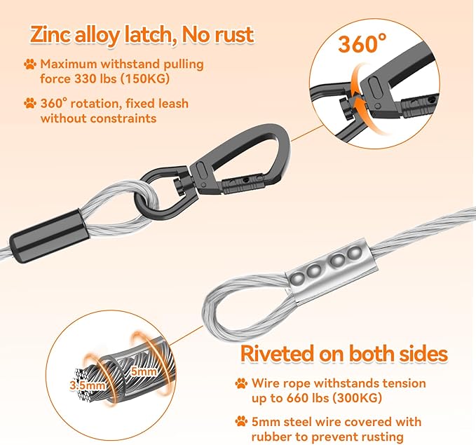 Heavy Duty 30FT Dog Tie Out Cable and Stake,360°Swivel Screw in Spike Auger Ground Stake Anchors for Large Medium Medium up to 220 lbs,Dog Outside Lead Cable for Yard, Lawn Beach, Camping