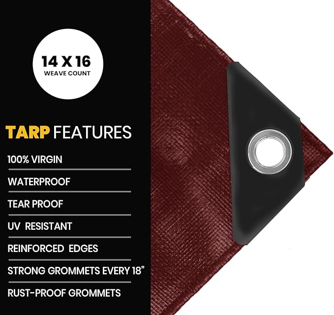 PROTARP Extra Heavy Duty 16 Mil Tarp Cover, Waterproof, UV Resistant, Rip and Tear Proof, Poly Tarpaulin with Reinforced Edges for Roof, Camping, Patio, Pool, Boat. (Maroon/Black 24′ X 24′)
