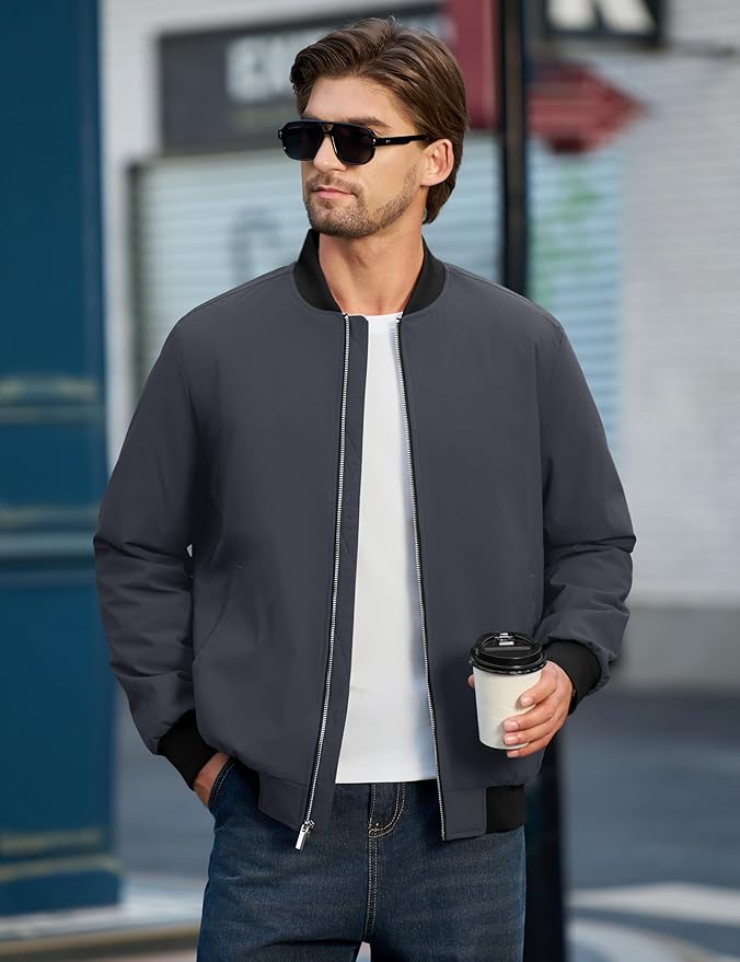 Cotrasen Men's Bomber Jacket Full Zip Windbreaker Warm Winter Windproof Casual Outwear Padded Lined Coats