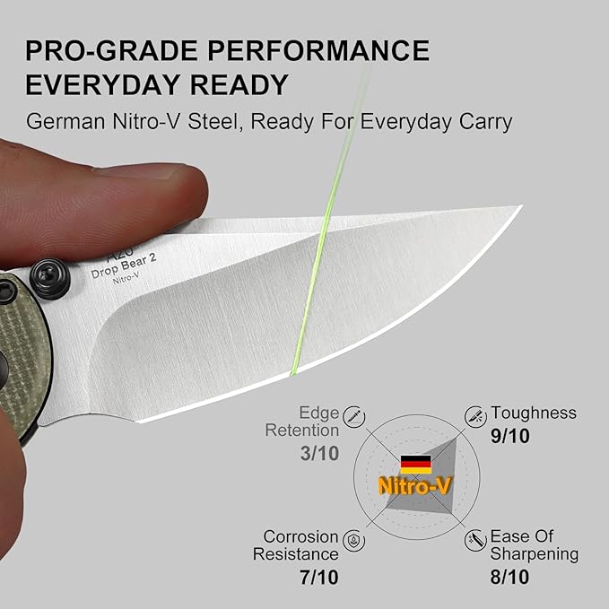 Kizer Drop Bear 2 Pocket Knife, 2.85" Nitro-V Clip Point Blade Folding Knife with Green Micarta Handle, Clutch Lock EDC Knives with Jimping on Spine for Men Women V3619.2KC1