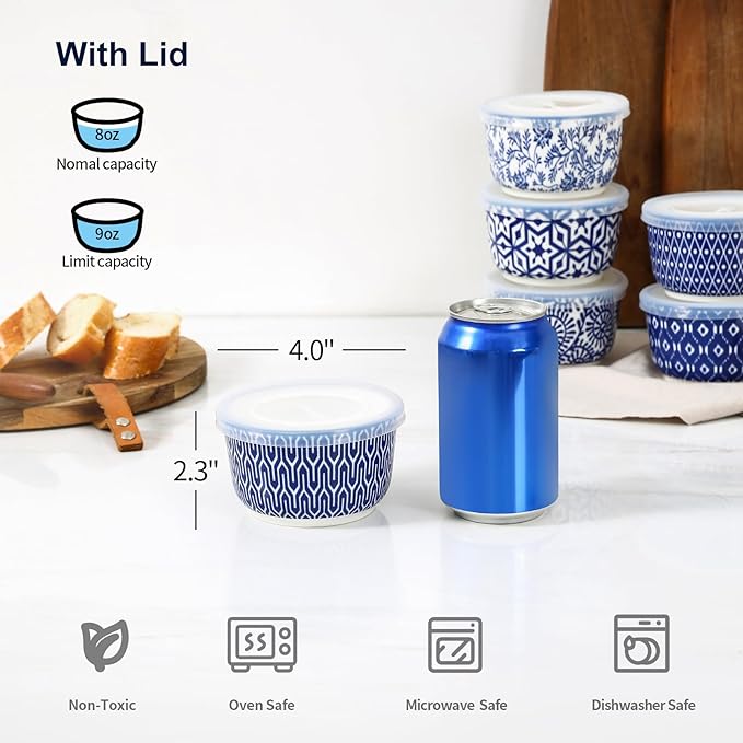 Selamica Ramekins with Lids, 8 oz Oven Safe Creme Brulee Ramekins with Covers, Souffle Dishes Pudding Custard Cups, Stackable Ceramic Small Ramekin Bowls Set for Baking, Dipping, Ice Cream, Set of 6, Vintage Blue