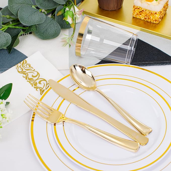 350 Pieces White and Gold Plastic Plates - 50 Guest Thanksgiving Dinnerware Set Include 100 Plates, 50 Plastic Silverware, 50 Napkins and 50 Cups for Thanksgiving