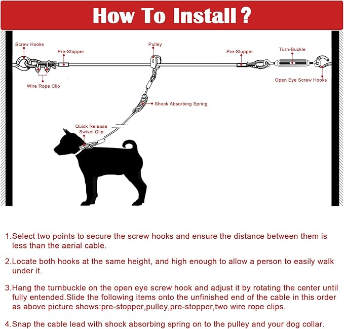 100FT Dog Runner for Yard with 10FT Tie Out Cable - Heavy Duty Trolley System for Large Dogs Up to 250LBS, Backyard/Park/Camping Use (Red, 100FT+10FT)