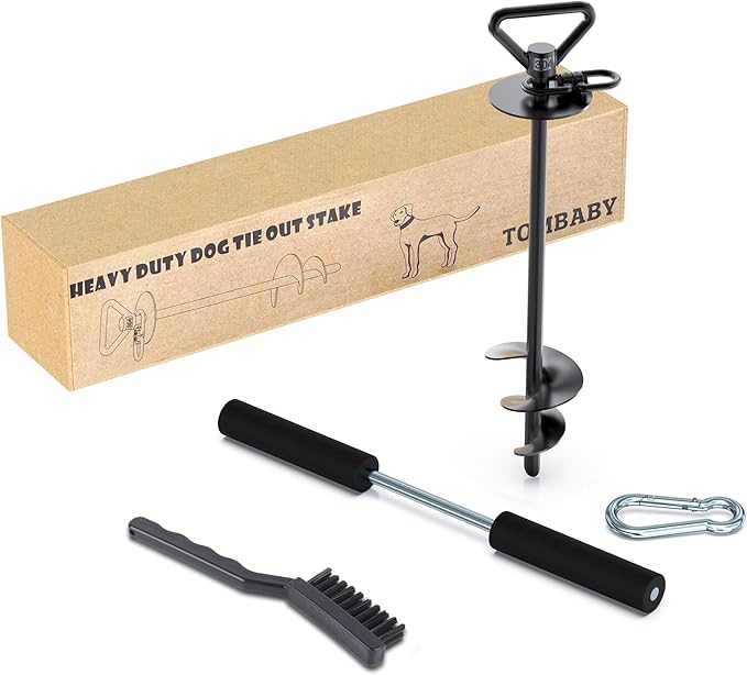 TOMBABY Dog Tie Out Stake-Heavy Duty 304 Stainless Steel Dog Runner, Ground Anchor with 360° Swivel & Anti-Tangle,Use Any for to 150LBS Dogs- Dog Stakes for Outside Camping, Suitable for Any Dog Cable