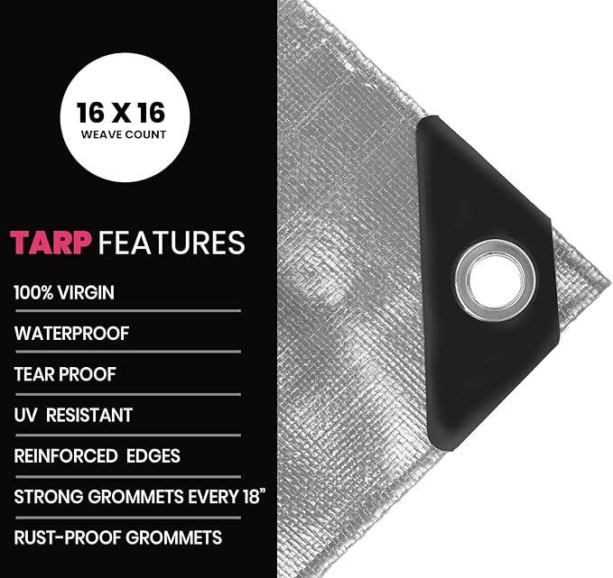 PROTARP Extreme Heavy Duty 22 Mil Tarp Cover, Waterproof, UV Resistant, Rip and Tear Proof, Poly Tarpaulin with Reinforced Edges for Roof, Camping, Patio, Pool, Boat. (Silver/Black 40′ X 50′)