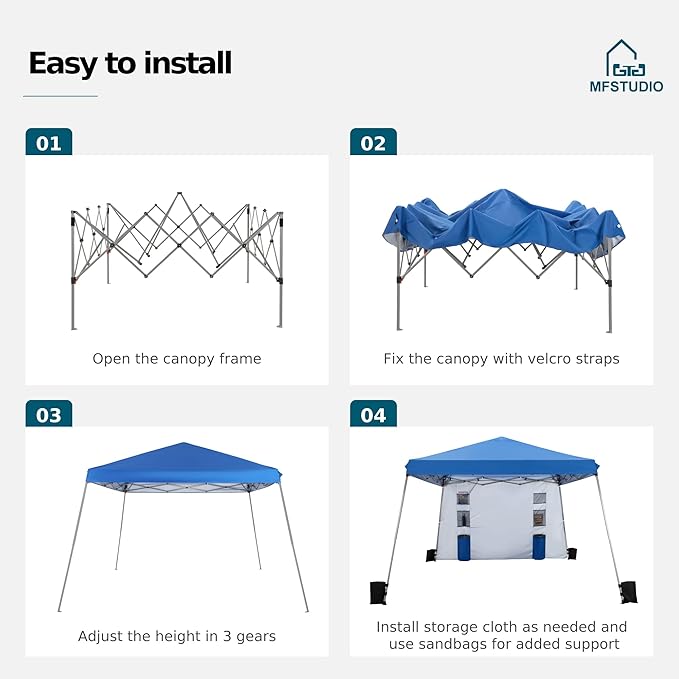 MFSTUDIO Pop Up Canopy Tent,12x12 ft Footprint and 9x9 ft at top Canopies with 1 Sidewall, Gazebo Shelter Sun Shade Waterproof Patio Popup Tents 4 Sandbag,Blue