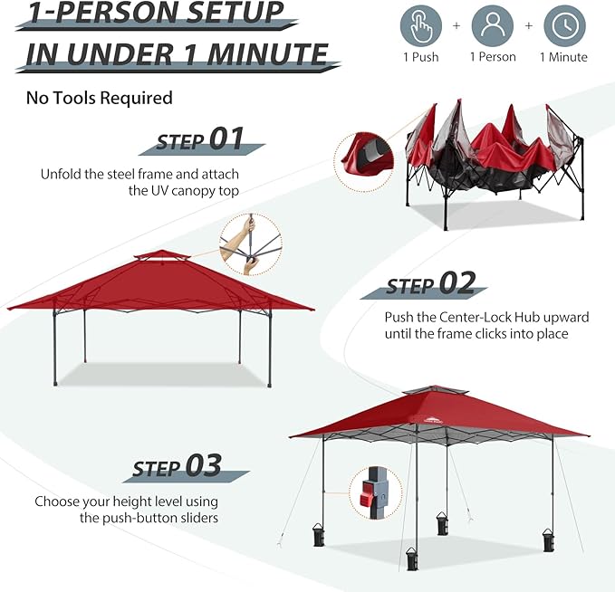 EAGLE PEAK 13x13 Straight Leg Pop Up Canopy Tent Instant Outdoor Canopy Easy Single Person Set up Folding Shelter w/Auto Extending Eaves 169 Square Feet of Shade (Red)