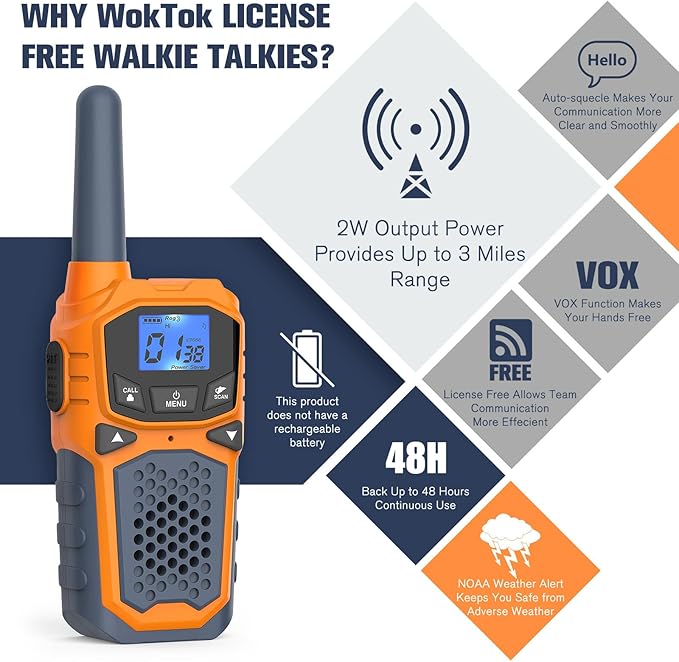 Woktok Kids Walkie Talkies, Long Range 2 Way Radio 22 Channel, Durable Toy Birthday Gifts for 6-12 Year Old Boys and Girls, Handheld Walkies Talkie for Outside Hiking Camping(No Batteries)