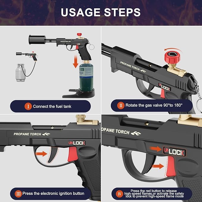 TONYFUL Powerful Propane Torch Grill Gun, Sous Vide, Adjustable Flamethrower Fire Gun with Safety Lock, Charcoal Torch Campfire Starter, Cooking Torch for Searing Steak & BBQ(Tank Not Included)