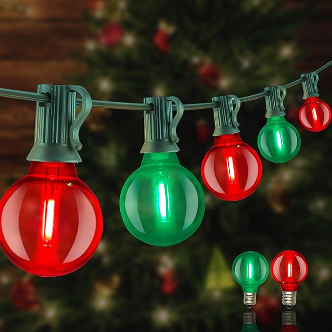 Abeja 50FT Multicolor Christma Lights Outdoor, 50Ft Outdoor Red/Green Christmas Lights with 25 LED Colorful Bulbs(2 Spare), Outside Christmas Hanging for Tree Roofline Holiday Party