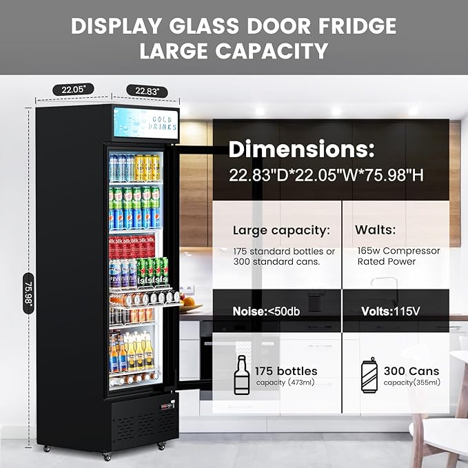 Glass Door Refrigerator Commercial Beverage Refrigerators with LED Light, 11 Cu.ft and 5 Shelves, Display Refrigerator for Cafe Restaurant Store Bar