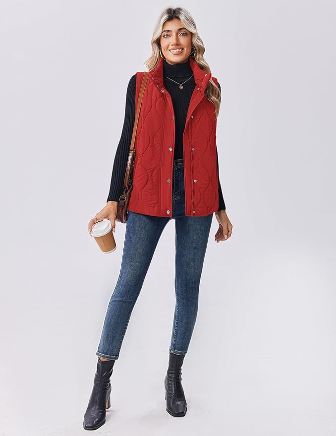 Zeagoo Puffer Vest Women Sleeveless Quilted Jacket Lightweight Snap Zip Up Stand-up Collar Down with Pockets Outerwear