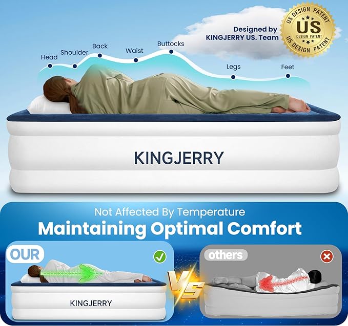 KINGJERRY Queen Air Mattress with Built in Pump, Blow up Mattress Queen 18 Raised Comfort, Upgrade Surface Inflatable Bed, Leak-Proof Air Bed for Home Guests & Camping, 800 lbs Max, 3-Min Inflation