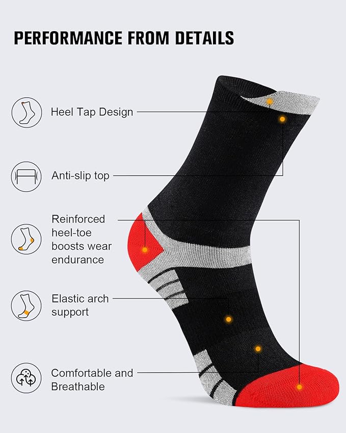 6 Pairs Men's Cotton Crew Work Boot Socks, Moisture Cushioned Athletic Sports Socks for Hiking Running Workout