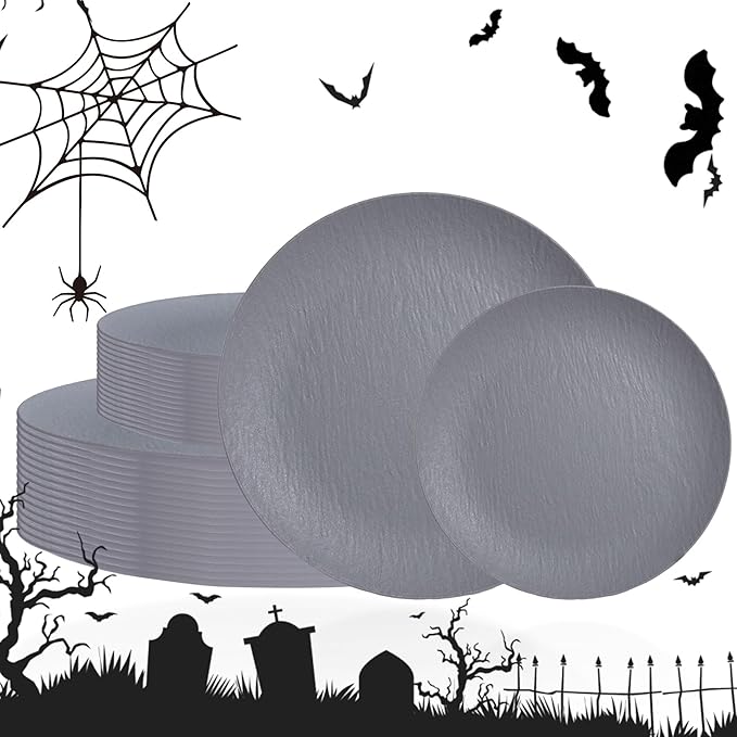 WONDERFUL 32pcs Dark Grey Plastic Plates Reusable Plates Halloween Plates Unbreakable and Dishwasher safe Dishes Set Outdoor Plate Includes:16 Dinner 10" & 16 Dessert Plate 7.3" Suitable for Camping