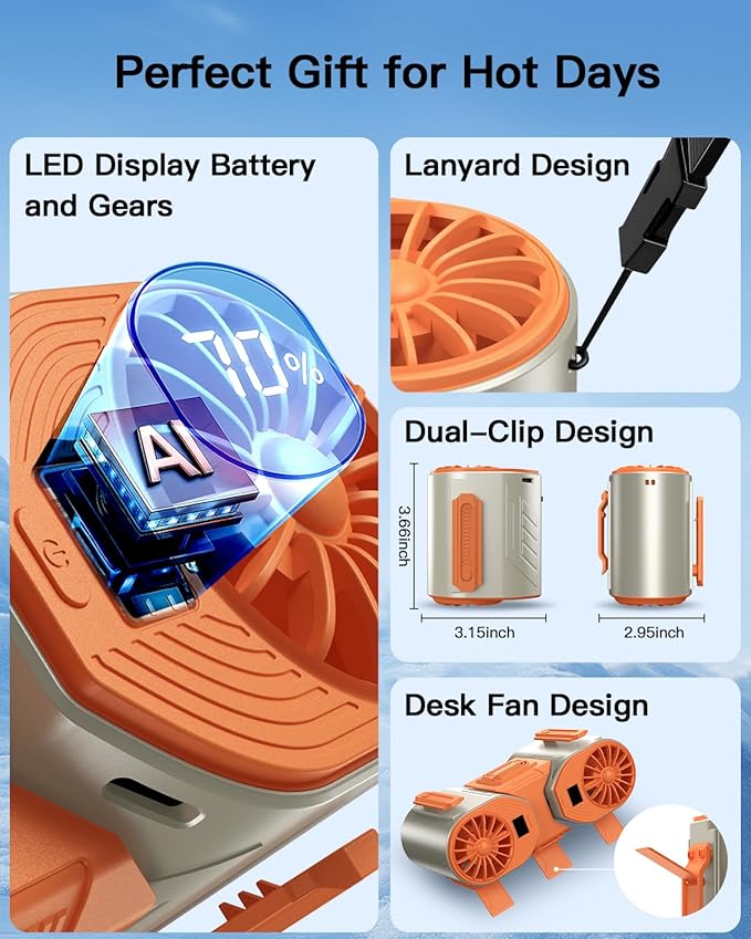 Andwing Portable Waist Fan Rechargeable, Detachable Dual Motors Personal Fans 5 Speeds 20000RPM Strong Airflow, 10000mAh 24H Runtime, Portable Neck Fan, Waist Belt Clip Fan (Grey&Orange)